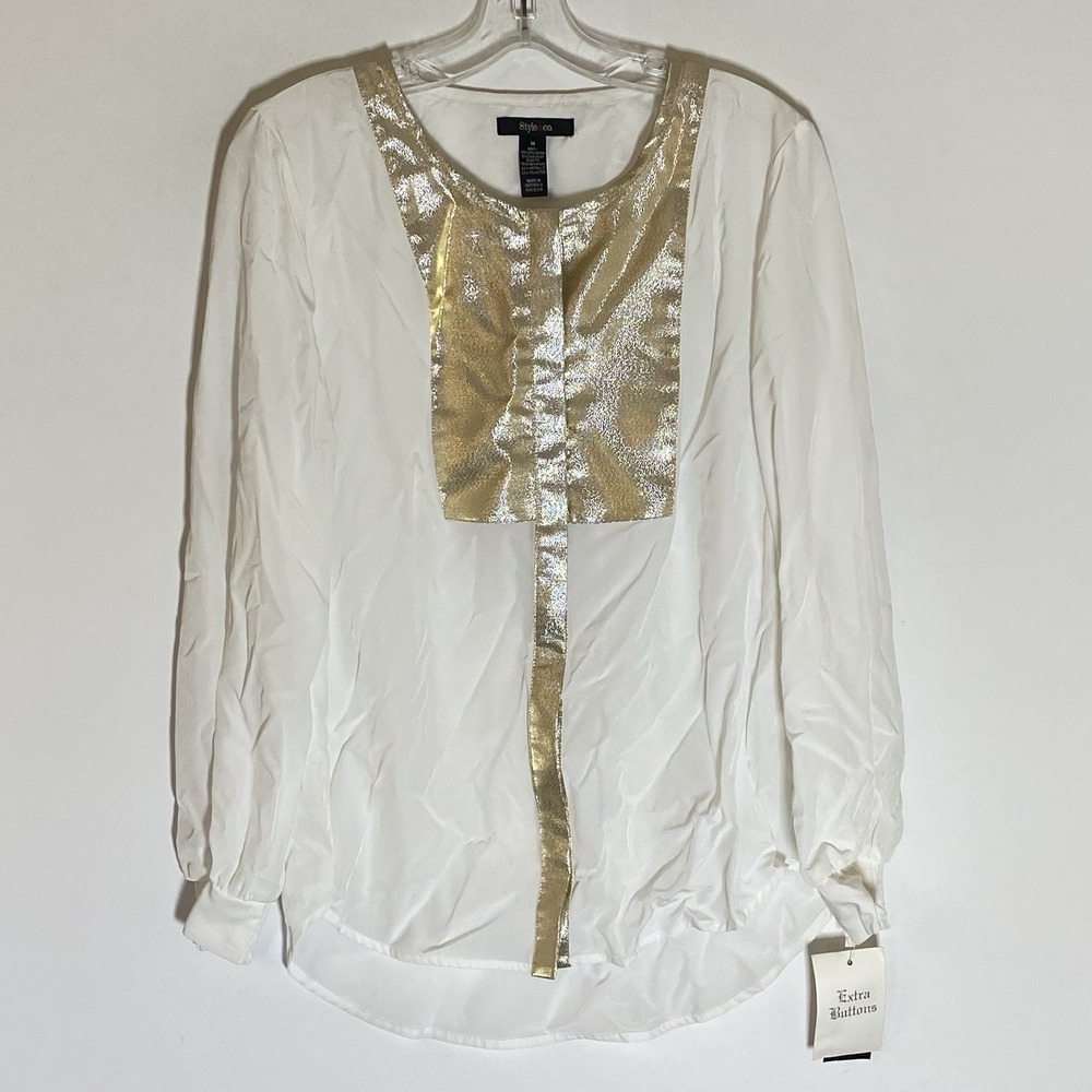 Style & Co Blouse Womens Medium Gold Cream Button Down Top Sparkle Shimmer Party